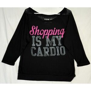 Women's XL Shirt Shopping Is My Cardio Lightweight 3/4 Sleeves Black Pink ChinUp
